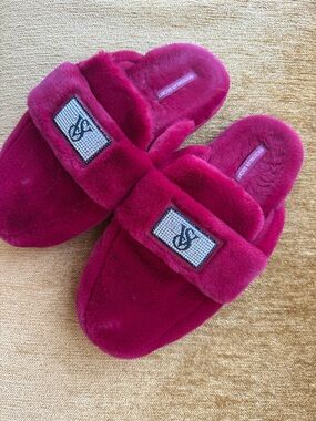Victorias Secret Plush Slide Slippers with Embellished Logo
